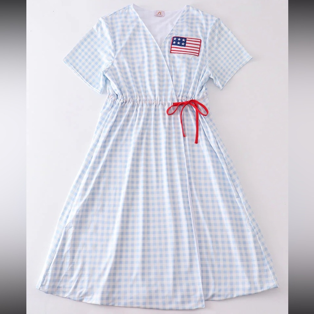 Patriotic Blue Gingham Dress with American Flag Patch and Red Tie